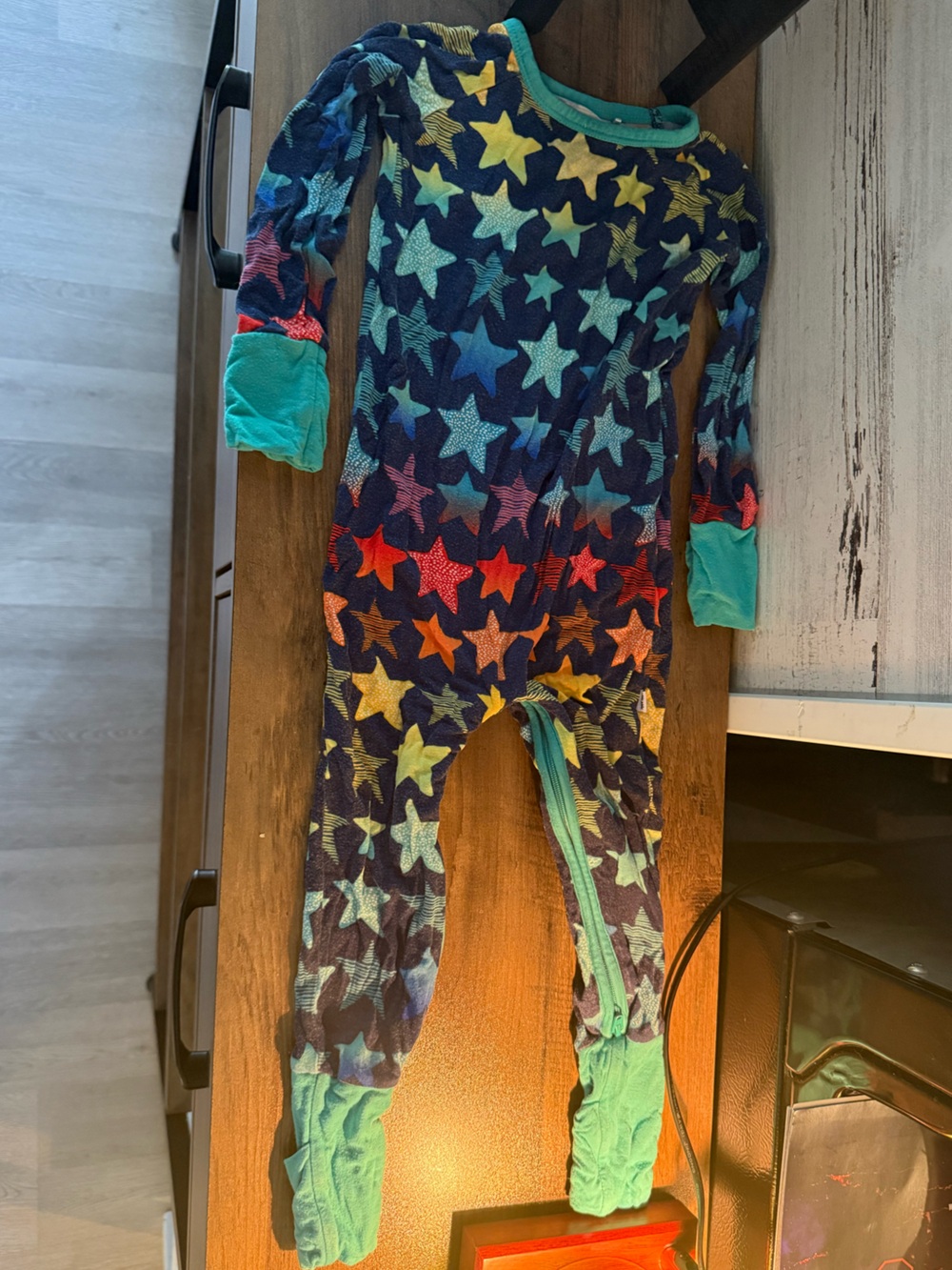 Little Sleepies Navy Multicolor Star Footed Pajama Romper with Teal Trim